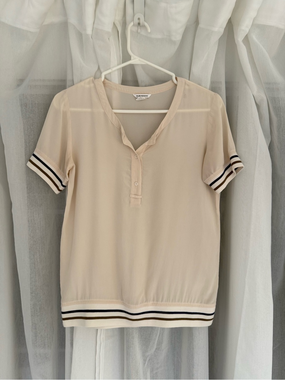 Club Monaco Silk Beige Henley Short-Sleeve Top with Stripe Trim